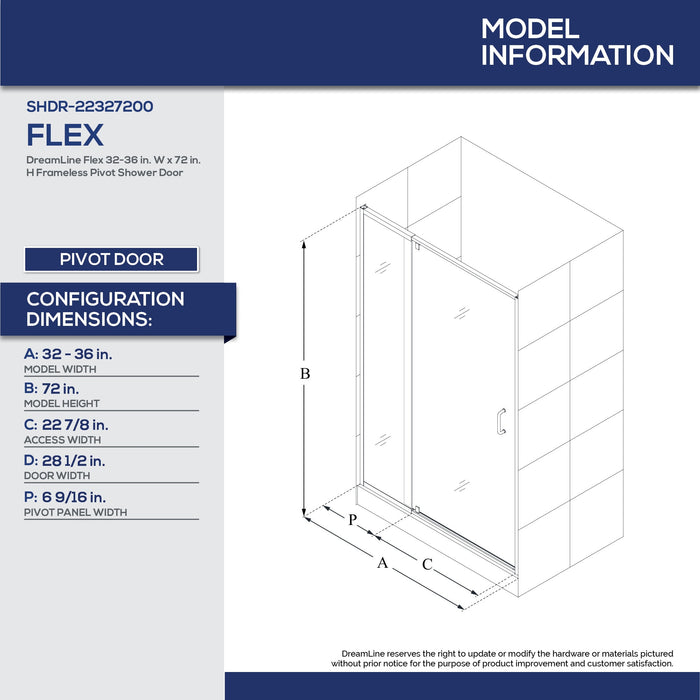 DreamLine D2223636XXC0004 Flex 36"D x 36"W x 78 3/4"H Pivot Shower Door, Base, and White Wall Kit in Brushed Nickel