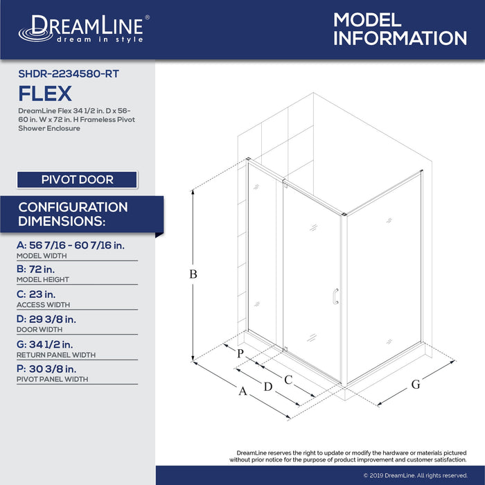 DreamLine SHDR-2234580-RT-01 Flex 34 1/2"D x 56-60"W x 72"H Semi-Frameless Pivot Shower Enclosure in Chrome