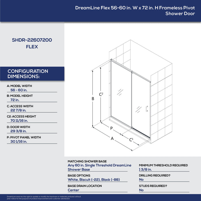 DreamLine D2226034XXC0004 Flex 34"D x 60"W x 78 3/4"H Pivot Shower Door, Base, and White Wall Kit in Brushed Nickel