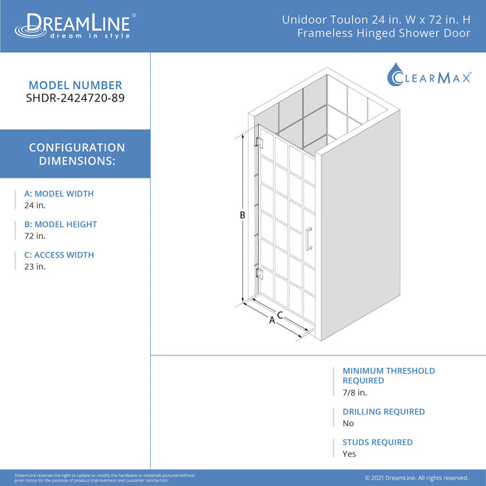 DreamLine SHDR-2424720-89 Unidoor Toulon 24"W x 72"H Frameless Hinged Shower Door in Satin Black
