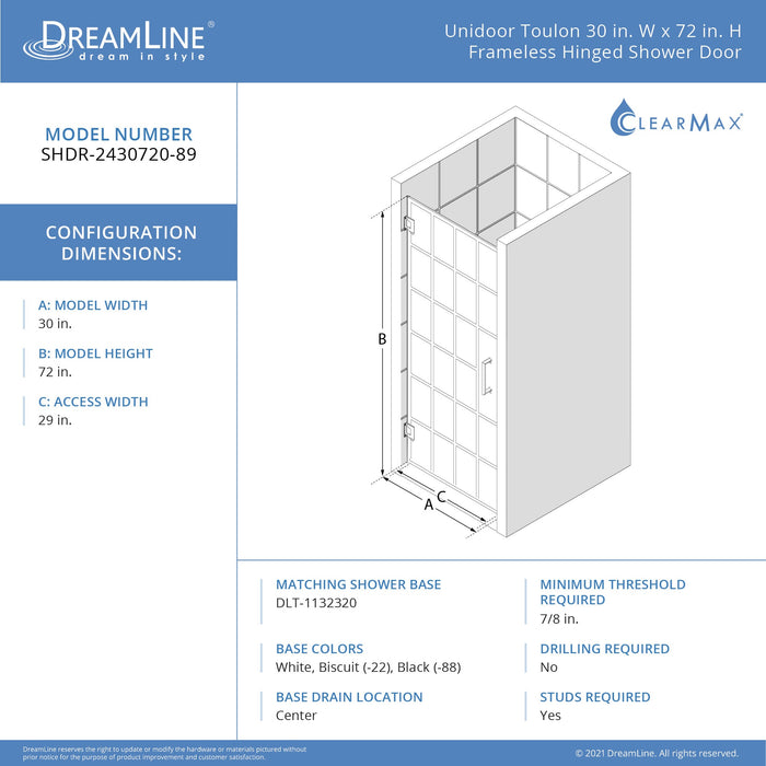 DreamLine SHDR-2430720-89 Unidoor Toulon 30"W x 72"H Frameless Hinged Shower Door in Satin Black