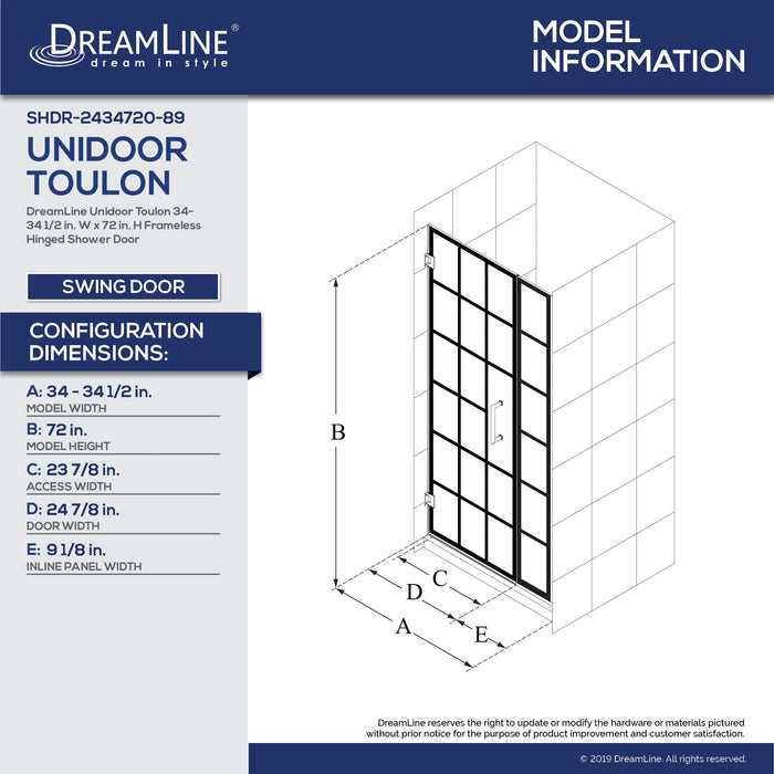 DreamLine SHDR-2434720-89 Unidoor Toulon 34-34 1/2"W x 72"H Frameless Hinged Shower Door in Satin Black