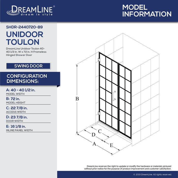 DreamLine SHDR-2440720-89 Unidoor Toulon 40-40 1/2"W x 72"H Frameless Hinged Shower Door in Satin Black
