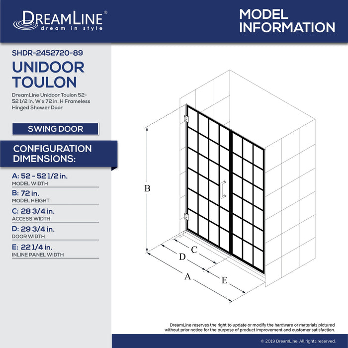 DreamLine SHDR-2452720-89 Unidoor Toulon 52-52 1/2"W x 72"H Frameless Hinged Shower Door in Satin Black