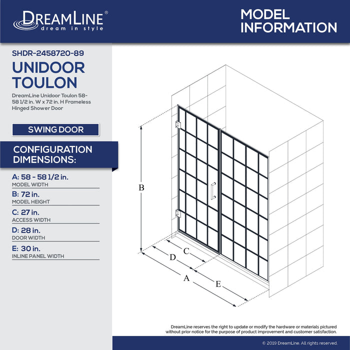 DreamLine SHDR-2458720-89 Unidoor Toulon 58-58 1/2"W x 72"H Frameless Hinged Shower Door in Satin Black