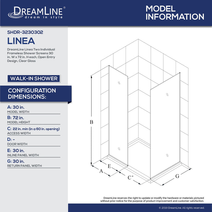 DreamLine SHDR-3230302-01 Linea Two Individual Frameless Shower Screens 30"W x 72"H each, Open Entry Design in Chrome