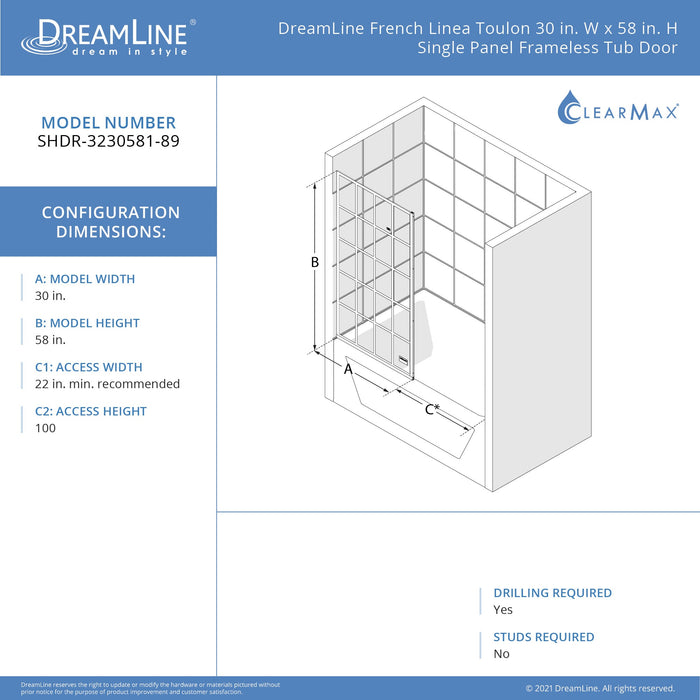 DreamLine SHDR-3230581-89 French Linea Toulon 30"W x 58"H Frameless Single Panel Tub Screen in Satin Black