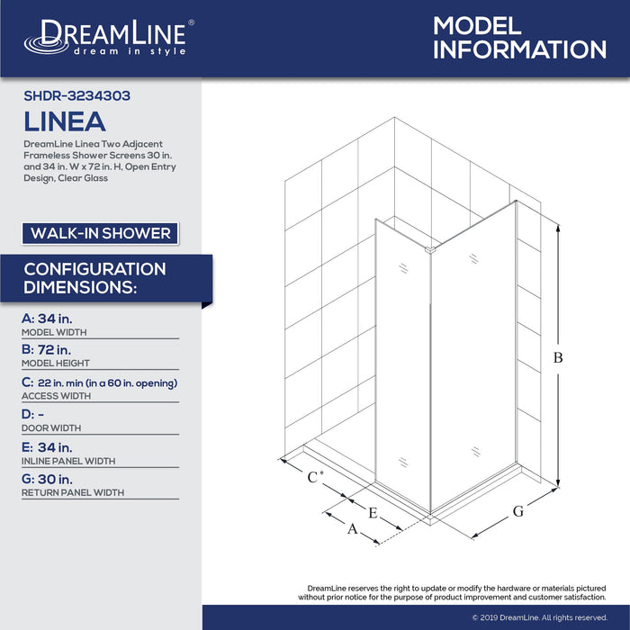 DreamLine SHDR-3234303-04 Linea Two Adjacent Frameless Shower Screens 30" and 34"W x 72"H, Open Entry Design in Brushed Nickel