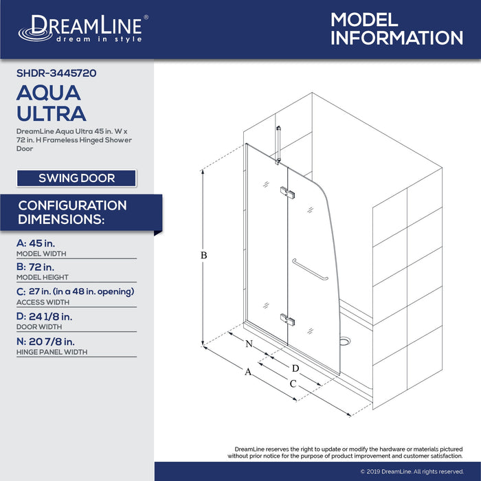 DreamLine SHDR-3445720-04 Aqua Ultra 45"W x 72"H Frameless Hinged Shower Door in Brushed Nickel - Bath4All