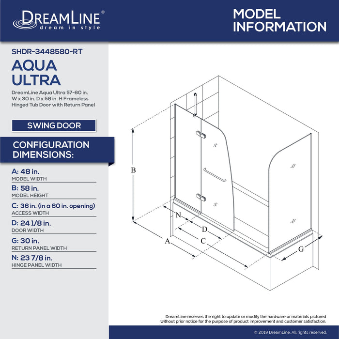 DreamLine SHDR-3448580-RT-04 Aqua Ultra 57-60"W x 30"D x 58"H Frameless Hinged Tub Door with Return Panel in Brushed Nickel