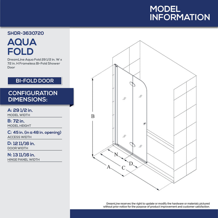 DreamLine D2363232XXC0001 Aqua Fold 32"D x 32"W x 78 3/4"H Bi-Fold Shower Door, Base, and White Wall Kit in Chrome