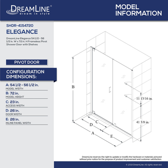 DreamLine SHDR-4154720-06 Elegance 54 1/2 - 56 1/2"W x 72"H Frameless Pivot Shower Door in Oil Rubbed Bronze