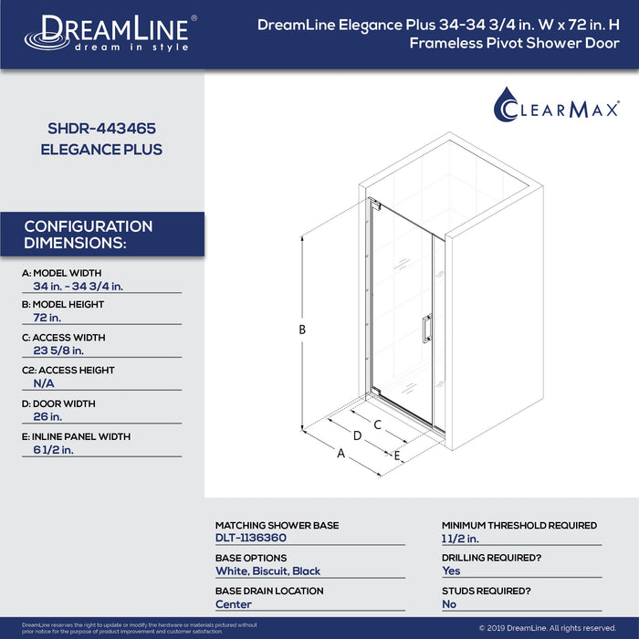 DreamLine SHDR-443465-06 Elegance Plus 34-34 3/4"W x 72"H Frameless Pivot Shower Door in Oil Rubbed Bronze