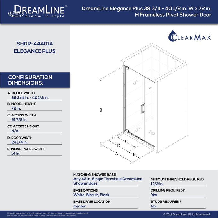 DreamLine SHDR-444014-04 Elegance Plus 39 3/4 - 40 1/2"W x 72"H Frameless Pivot Shower Door in Brushed Nickel