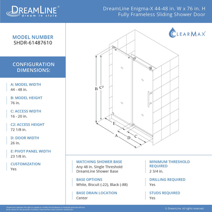 DreamLine SHDR-61487610-08 Enigma-X 44-48"W x 76"H Fully Frameless Sliding Shower Door in Polished Stainless Steel - Bath4All