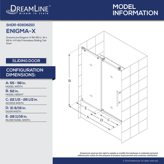 DreamLine SHDR-61606210-07 Enigma-X 55-59"W x 62"H Fully Frameless Sliding Tub Door in Brushed Stainless Steel - Bath4All