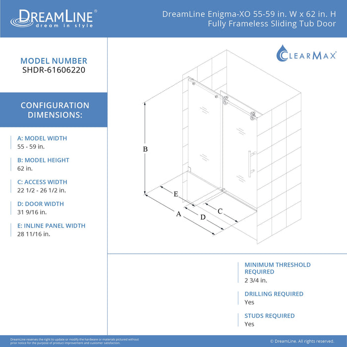 DreamLine SHDR-61606220-07 Enigma-XO 55-59"W x 62"H Fully Frameless Sliding Tub Door in Brushed Stainless Steel