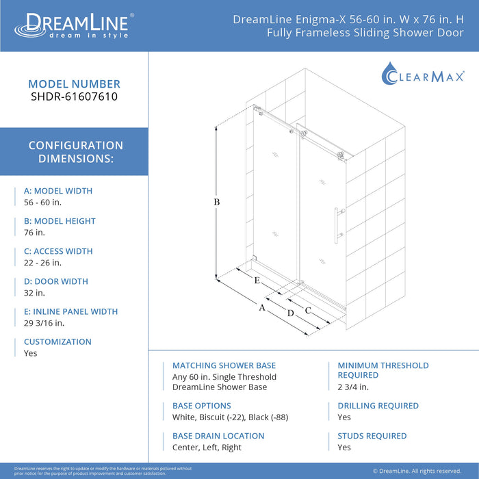 DreamLine SHDR-61607610-08 Enigma-X 56-60"W x 76"H Fully Frameless Sliding Shower Door in Polished Stainless Steel - Bath4All