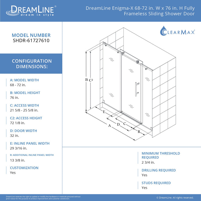 DreamLine SHDR-61727610-07 Enigma-X 68-72"W x 76"H Fully Frameless Sliding Shower Door in Brushed Stainless Steel