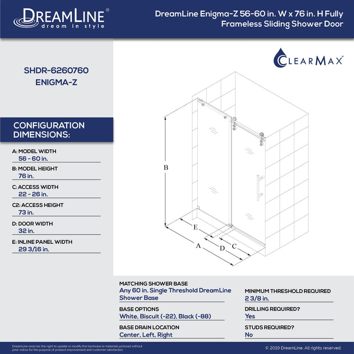 DreamLine SHDR-6260760-08 Enigma-Z 56-60"W x 76"H Fully Frameless Sliding Shower Door in Polished Stainless Steel