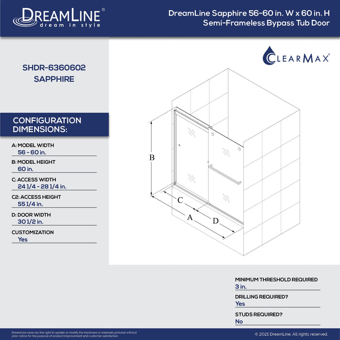 Dreamline SHDR-6360602-09 Sapphire 56-60"W x 60"H Semi-Frameless Bypass Tub Door in Satin Black