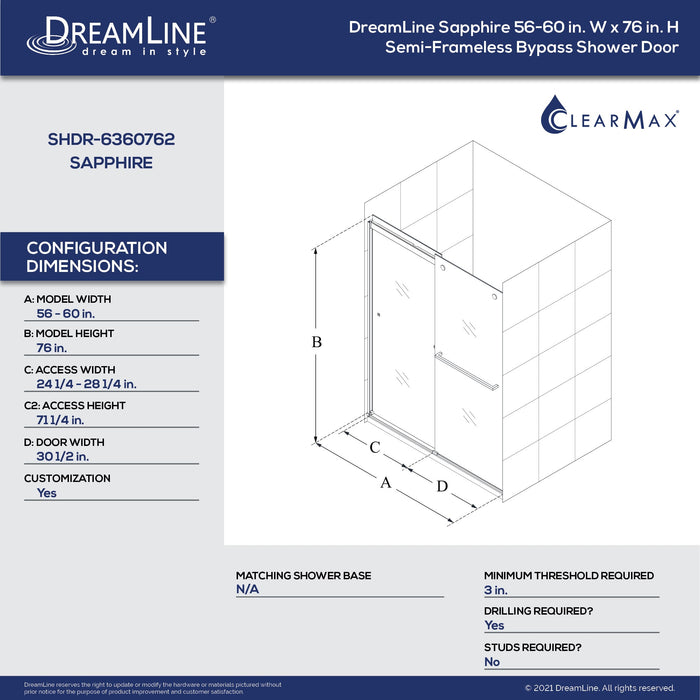 DreamLine SHDR-6360762-04 Sapphire 56-60"W x 76"H Semi-Frameless Bypass Shower Door in Brushed Nickel