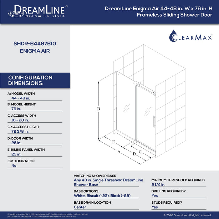 DreamLine SHDR-64487610-08 Enigma Air 44-48"W x 76"H Frameless Sliding Shower Door in Polished Stainless Steel