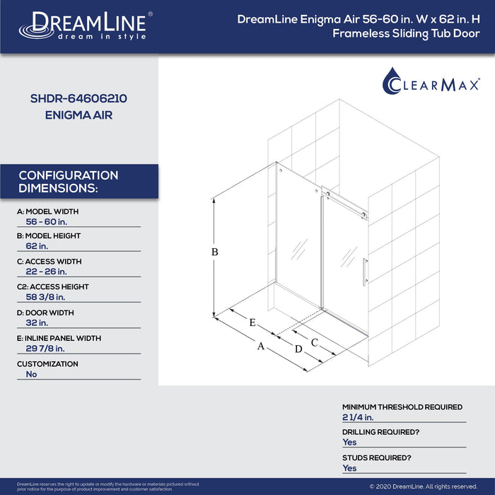 DreamLine SHDR-64606210-07 Enigma Air 56-60"W x 62"H Frameless Sliding Tub Door in Brushed Stainless Steel