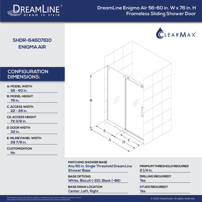 DreamLine SHDR-64607610-08 Enigma Air 56-60"W x 76"H Frameless Sliding Shower Door in Polished Stainless Steel