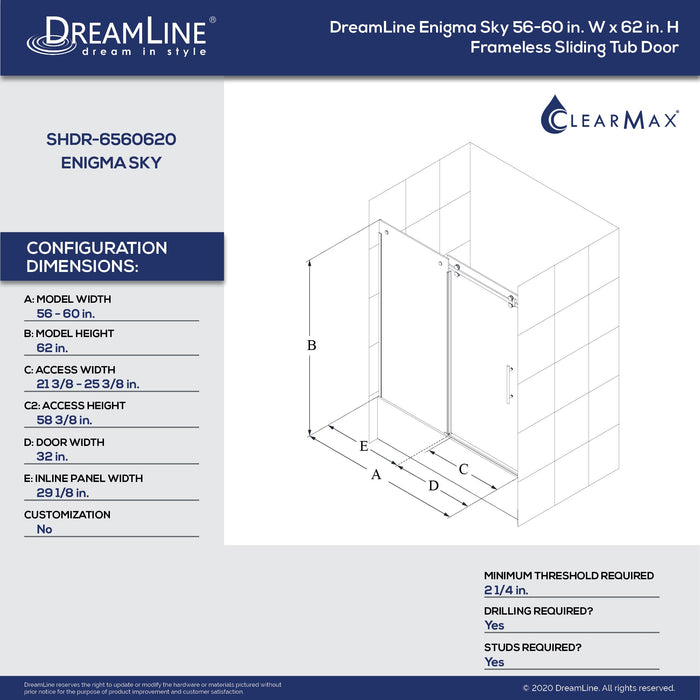 DreamLine SHDR-6560620-07 Enigma Sky 56-60"W x 62"H Frameless Sliding Tub Door in Brushed Stainless Steel