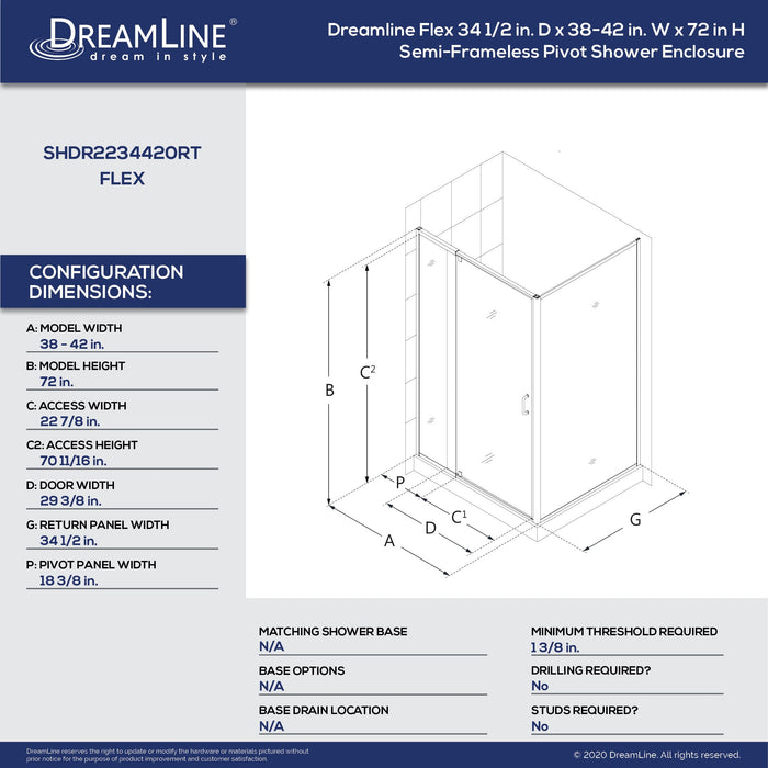 Dreamline SHDR2234420RT04 Flex 34 1/2"D x 38-42"W x 72"H Semi-Frameless Pivot Shower Enclosure in Brushed Nickel