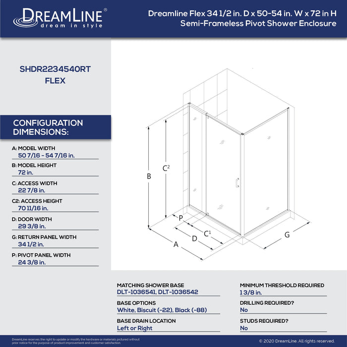 Dreamline SHDR2234540RT01 Flex 34 1/2"D x 50-54"W x 72"H Semi-Frameless Pivot Shower Enclosure in Chrome