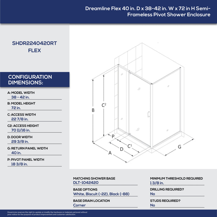 Dreamline SHDR2240420RT01 Flex 40"D x 38-42"W x 72"H Semi-Frameless Pivot Shower Enclosure in Chrome