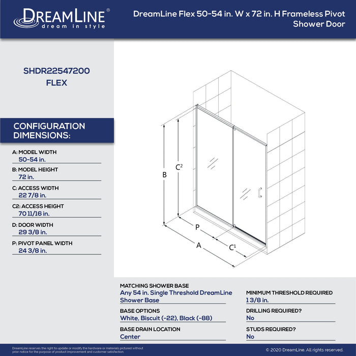 Dreamline SHDR22547200-01 Flex 50-54"W x 72"H Semi-Frameless Pivot Shower Door in Chrome