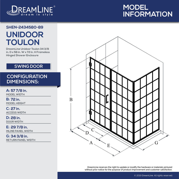 DreamLine SHEN-2434580-89 Unidoor Toulon 34"D x 58"W x 72"H Frameless Hinged Shower Enclosure in Satin Black