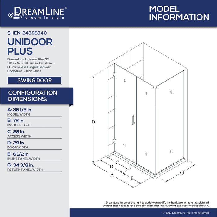 DreamLine SHEN-24355340-06 Unidoor Plus 35 1/2"W x 34 3/8"D x 72"H Frameless Hinged Shower Enclosure in Oil Rubbed Bronze