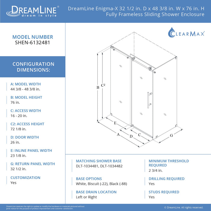 DreamLine SHEN-6132481-07 Enigma-X 32 1/2"D x 48 3/8"W x 76"H Fully Frameless Sliding Shower Enclosure in Brushed Stainless Steel