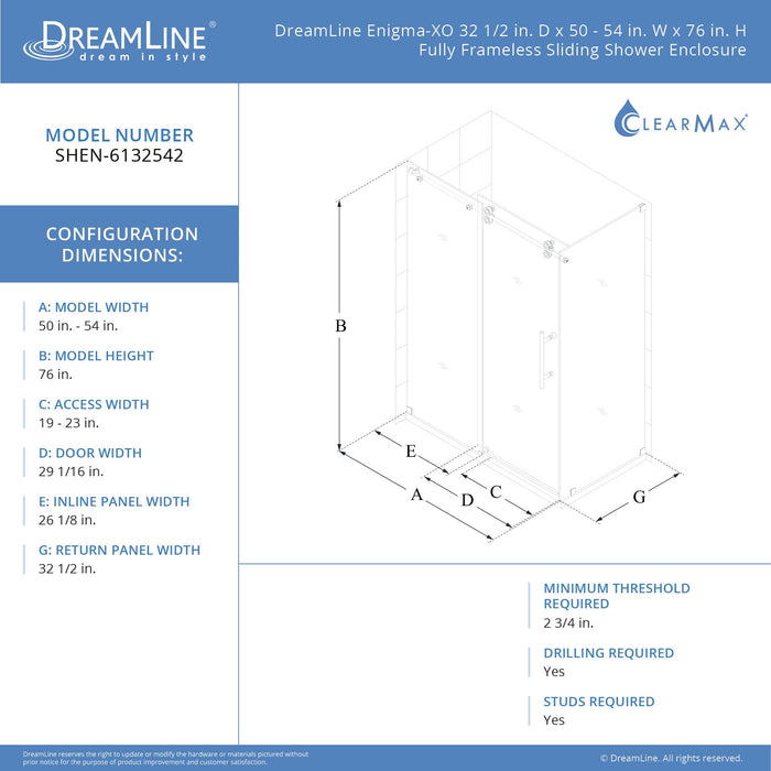 DreamLine SHEN-6132542-08 Enigma-XO 32 1/2"D x 50-54"W x 76"H Frameless Shower Enclosure in Polished Stainless Steel