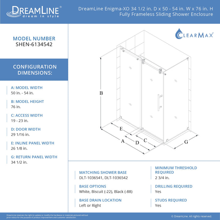 DreamLine SHEN-6134542-07 Enigma-XO 34 1/2"D x 50-54"W x 76"H Frameless Shower Enclosure in Brushed Stainless Steel