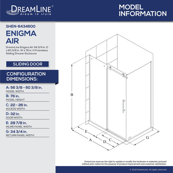 DreamLine SHEN-6434600-07 Enigma Air 34 3/4"D x 60 3/8"W x 76"H Frameless Sliding Shower Enclosure in Brushed Stainless Steel