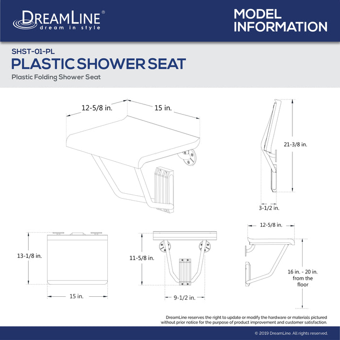 DreamLine SHST-01-PL Plastic Folding Shower Seat