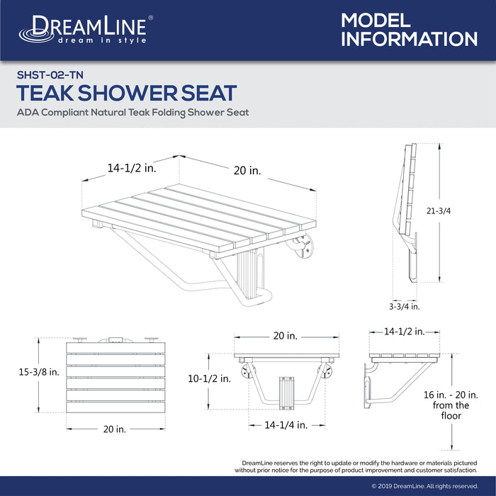 DreamLine SHST-02-TN Natural Teak ADA Compliant Folding Shower Seat