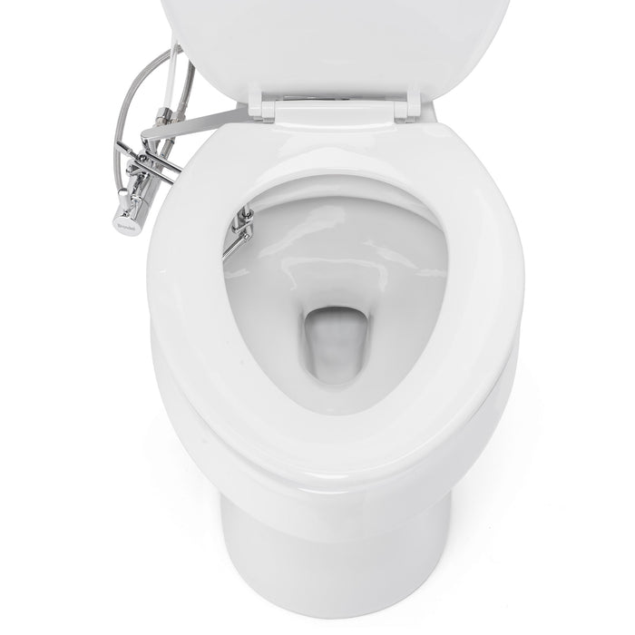Brondell SMB-15 chrome bidet control and spray wand fitted beside an open toilet bowl