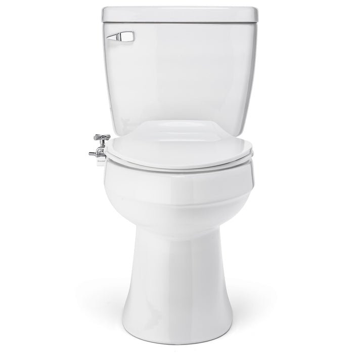 Brondell SMB-15 bidet attachment mounted beneath a closed toilet seat, straight-on installation view