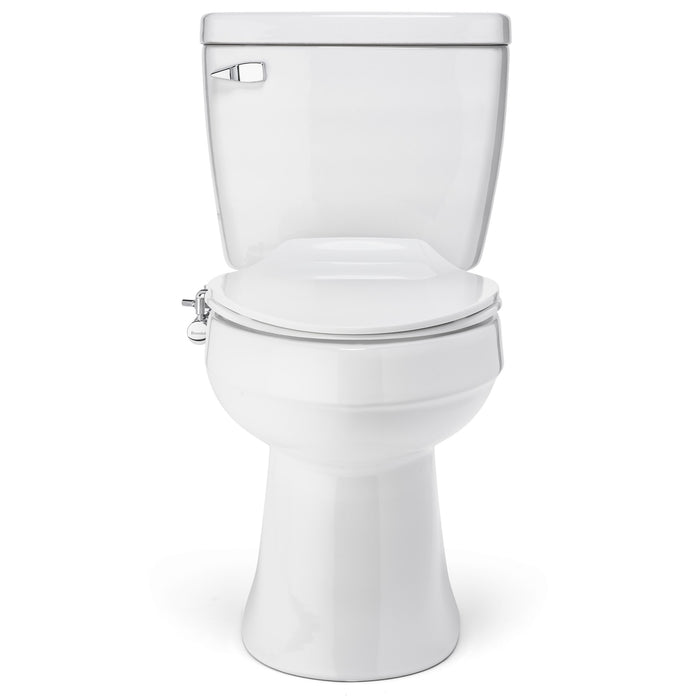 Brondell SMB-15 toilet with the chrome bidet control visible beside the closed seat, angled view