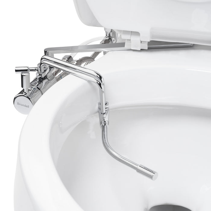 Brondell SMB-15 close-up of the mounted bidet control body and curved wand aimed into the bowl