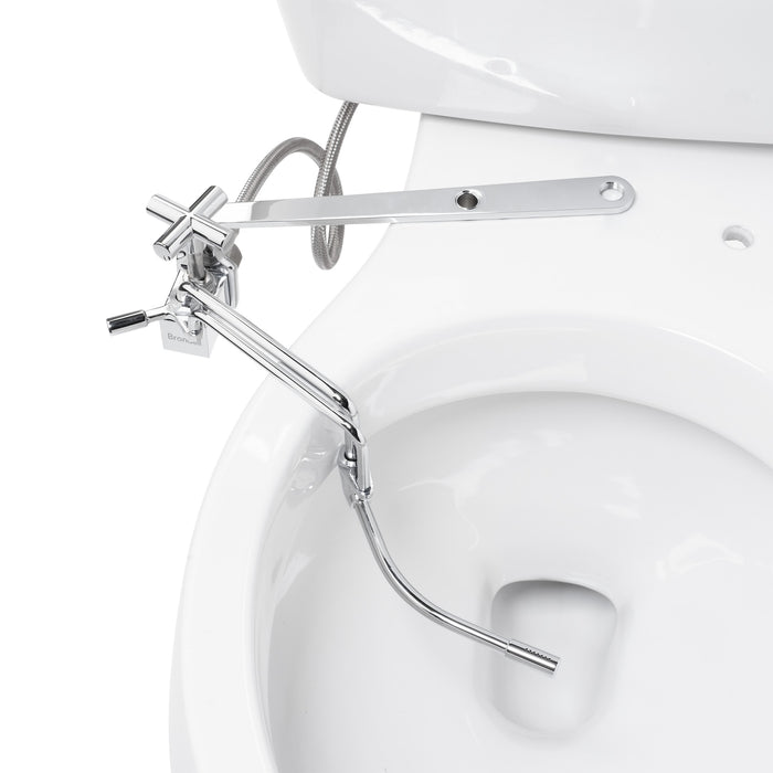 Brondell SMB-15 chrome mounting bar and spray wand viewed from above the open toilet bowl