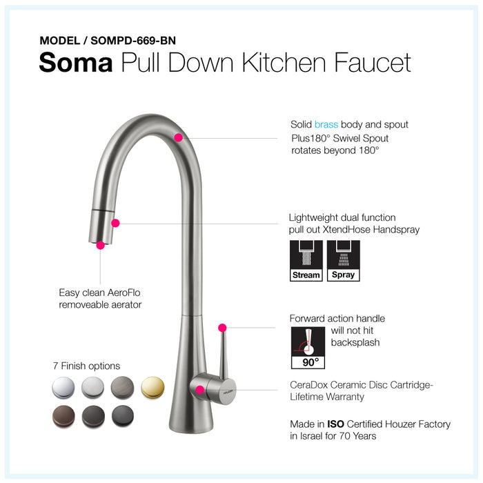 Houzer SOMPD-669-BN Soma Series Brushed Nickel Single Handle Pull-Down Kitchen Faucet