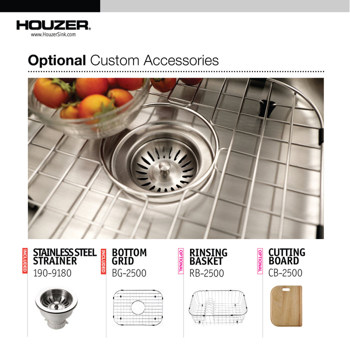 Houzer STS-1300-C Eston 23" Stainless Steel Undermount Single Bowl Kitchen Sink with Strainer & Bottom Grid