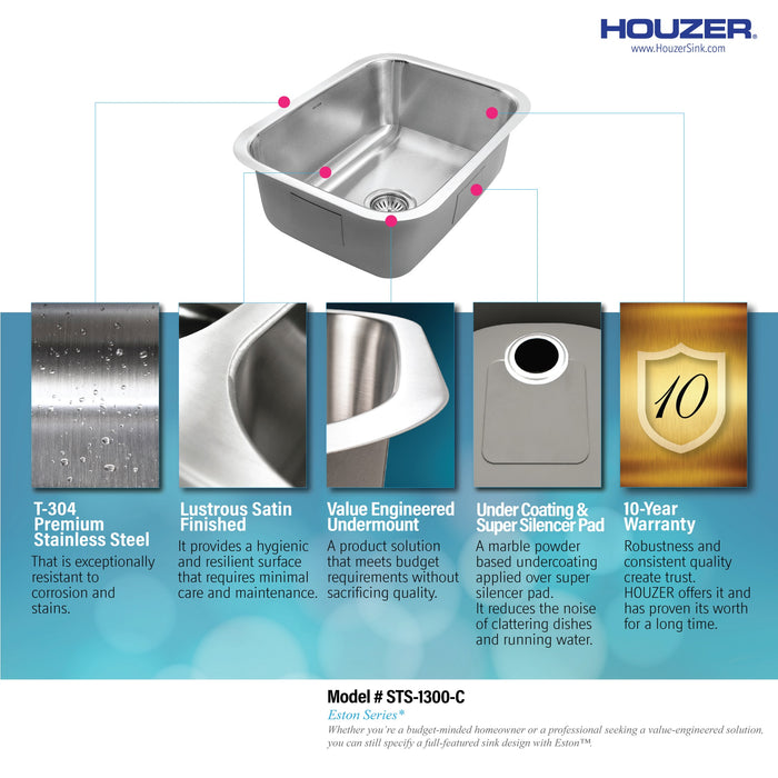 Houzer STS-1300-C Eston 23" Stainless Steel Undermount Single Bowl Kitchen Sink with Strainer & Bottom Grid